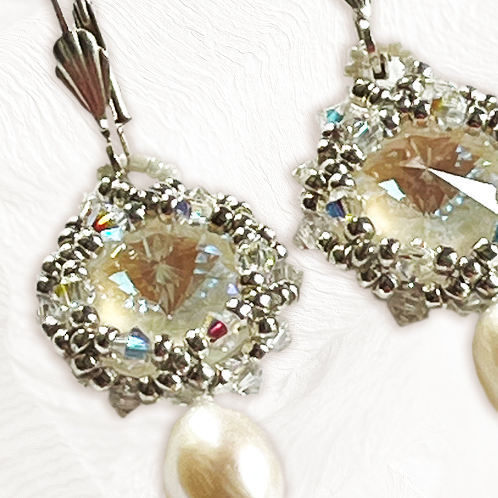 Boucles d'oreilles Pivoine Faites Main - Perles Miyuki & Cristal Swarowski & Perles d'Eau Douce