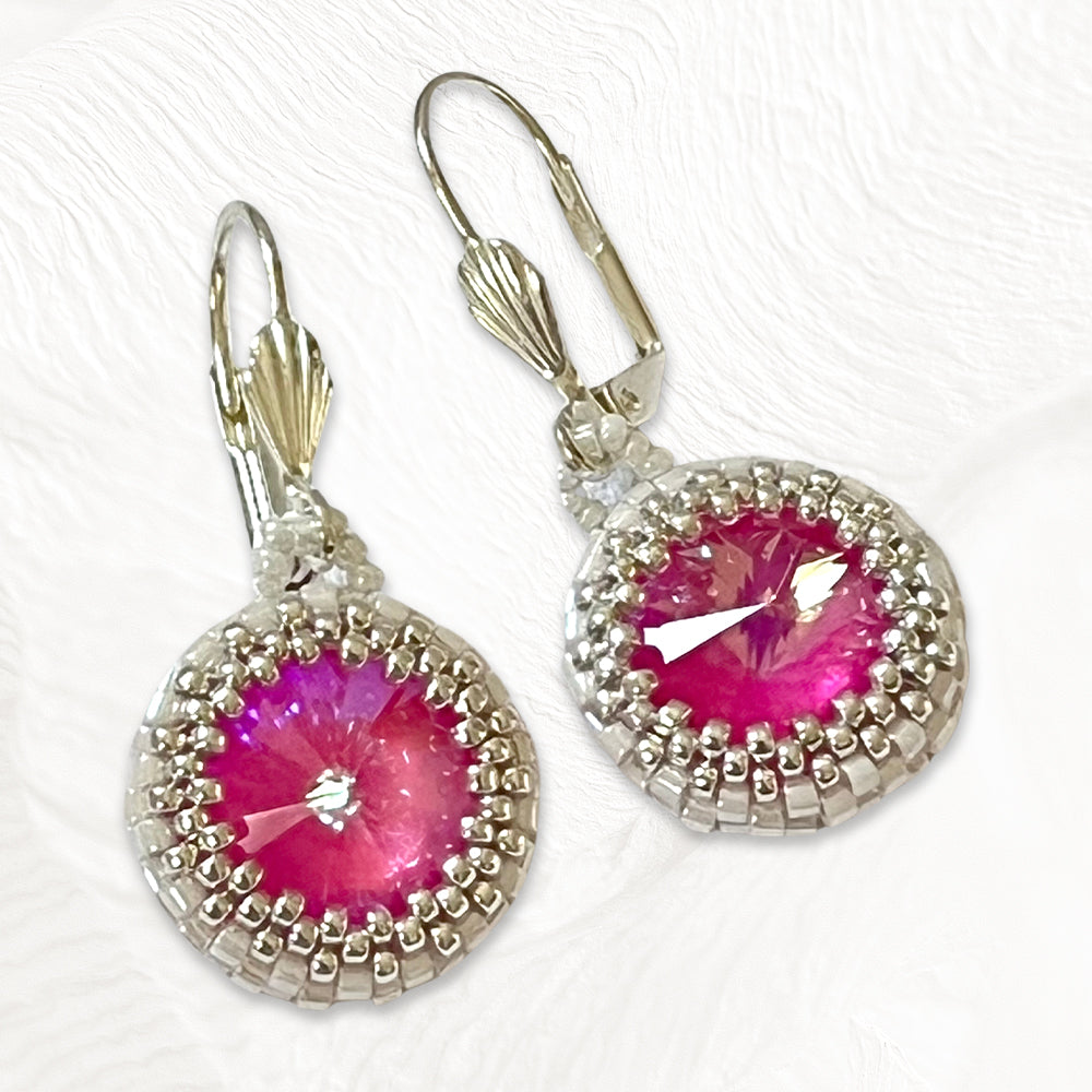Boucles d'oreilles Coeur de Marie Faites Main Tissées - Perles Miyuki & Cristal Swarovski Fushia ou orange
