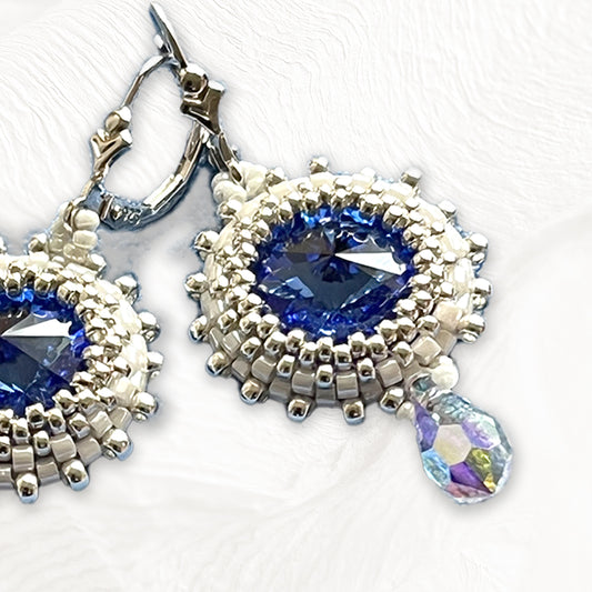 Boucles d'oreilles Dahlia Faites Main Tissées - Perles Miyuki & Cristal Swarovski Bleu Saphir ou Orange