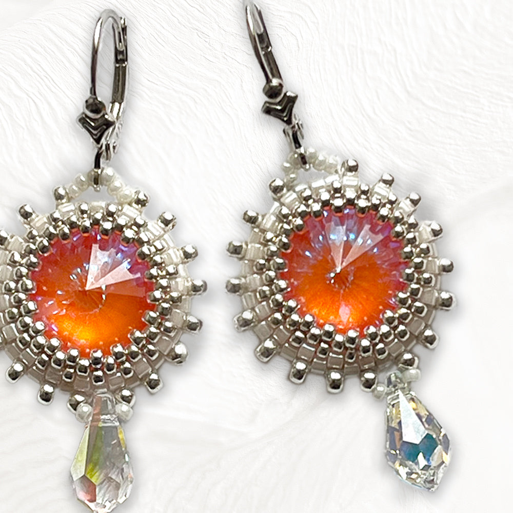 Boucles d'oreilles Daphné artisanales en perles Miyuki, cristal & cabochon Swarovski orange, dormeuses argent 925