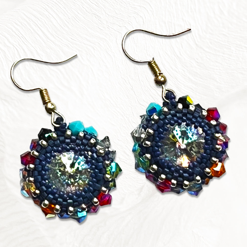 Boucles d'oreilles Iris artisanales en perles Miyuki, toupies et cabochon Swarovski coloré, crochets argent 925