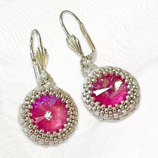 Boucles d'oreilles Coeur de Marie Faites Main Tissées - Perles Miyuki & Cristal Swarovski Fushia ou orange