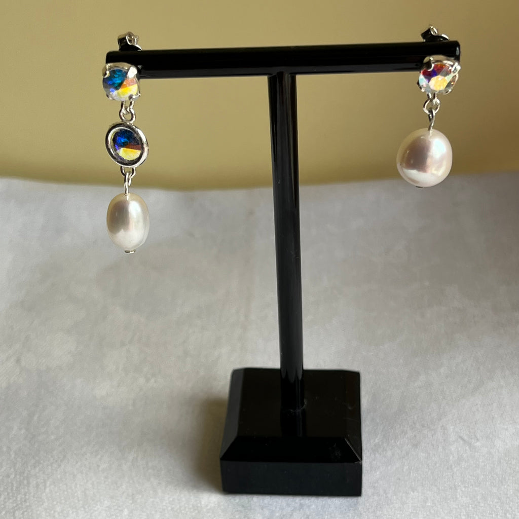Boucles d'oreilles Lys artisanales en argent courtes et longues en perles d'eau douce et cristal Swarovski